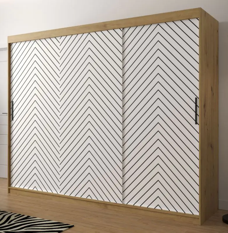 Kleiderschrank mit eleganten Design Mulhacen 68, Farbe: Eiche Artisan / Weiß matt / Schwarz matt - Abmessungen: 200 x 250 x 62 cm (H x B x T), mit genügend Stauraum