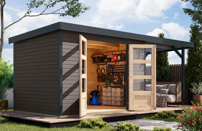 Holz Gartenhaus mit Anbaudach 2,35 m, nordische Fichte terragrau/anthrazit, Trapezblechdach witterungsbeständig, Zylinderschloss, 2,98 × 2,13 m
