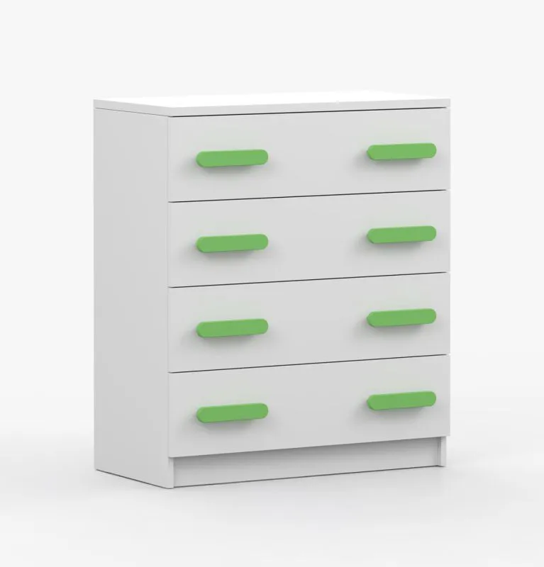 80 cm breite Kommode | Weiß | Smolikas 20 | grüne Holzgriffe | 4 geräumige Schubladen | 90 x 80 x 40 cm | Kinder | Jugend