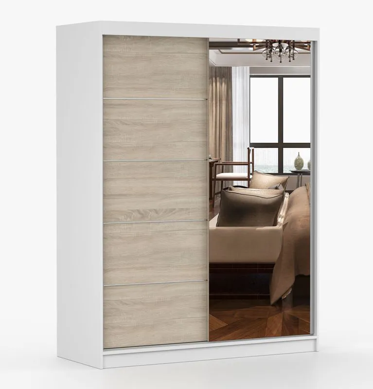 Schiebetürenschrank / Kleiderschrank mit Spiegel | 200 x 150 x 61 cm | Sonoma Eiche / Weiß | Bucegi  22 | 2 Türen | Griffe: Aluminium | 6 Fächer