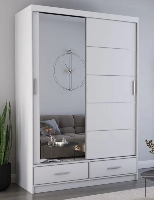 1,5 Meter breiter Schiebetürenschrank / Kleiderschrank mit Spiegel | Weiß | Lusatian 05 | 218 x 150 x 61 cm | 2 Türen | 2 Schubladen | 6 Fächer
