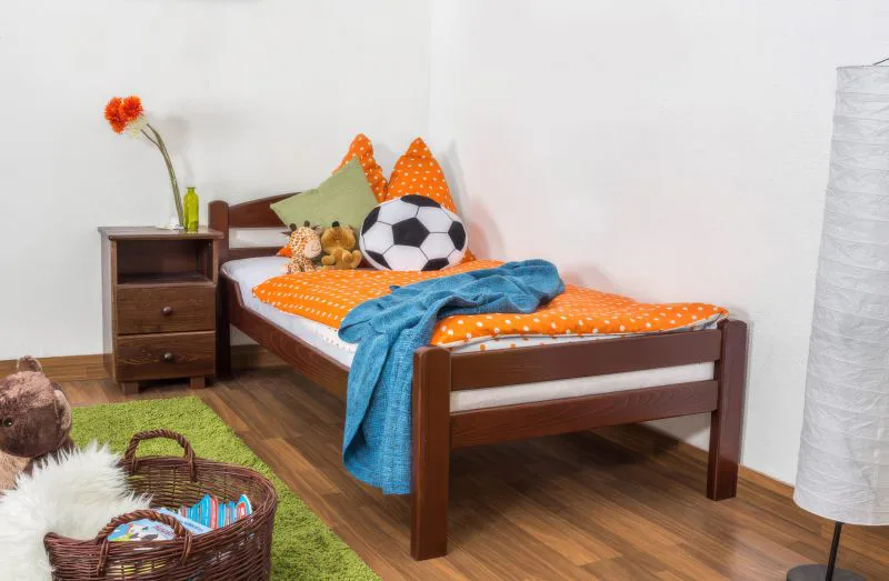 Kinderbett / Jugendbett "Easy Premium Line" K1/2n, Buche Vollholz massiv dunkelbraun lackiert - Liegefläche: 90 x 200 cm