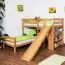 Etagenbett L-Form  90 x 200 cm | Buche massiv | natur lackiert | mit Regal und Rutsche | inkl. Rollrost | teilbar Abbildung