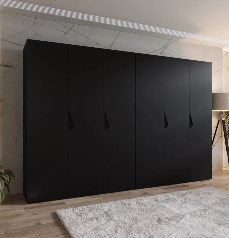 Drehtürenschrank / Kleiderschrank | Farbe: Schwarz | 3 Meter breit | 6-Türig | Griffe: Schwarz | 4 Fächer | Maße: 300 x 52 x 202 cm | 4 Kleiderstangen