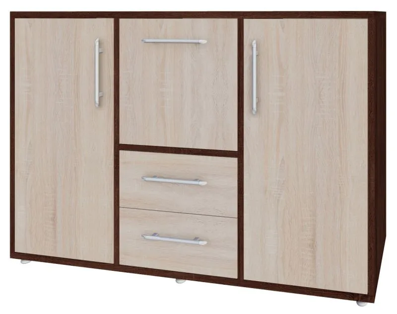 Modernes Sideboard Curug 07 mit 5 Fächern, Nuss / Ulme, 96 x 140 x 44 cm, 2 Schubladen, 2 Türen, 1 Klapptür, robuste Bauweise