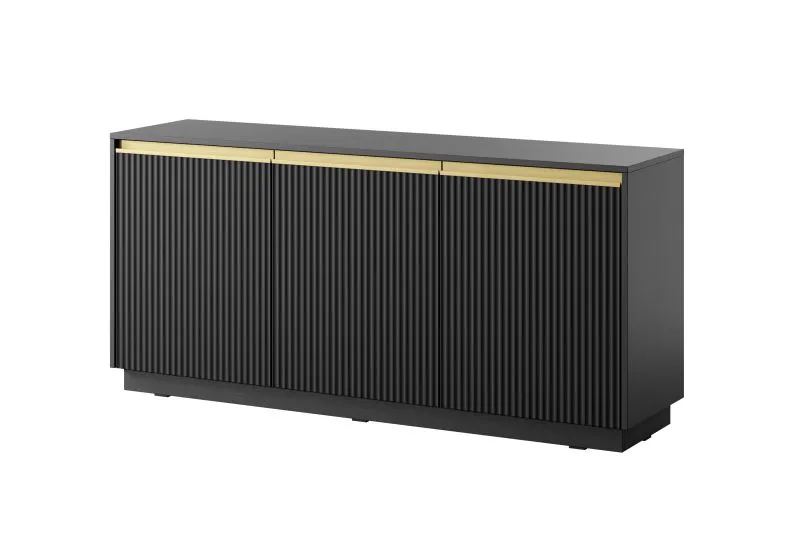 Sideboard / Kommode mit drei Türen Finghall 10, Farbe: Schwarz, Soft-Close-Funktion, ABS-Kantenschutz, sechs Fächer, Maße: 71,6 x 153,4 x 39 cm