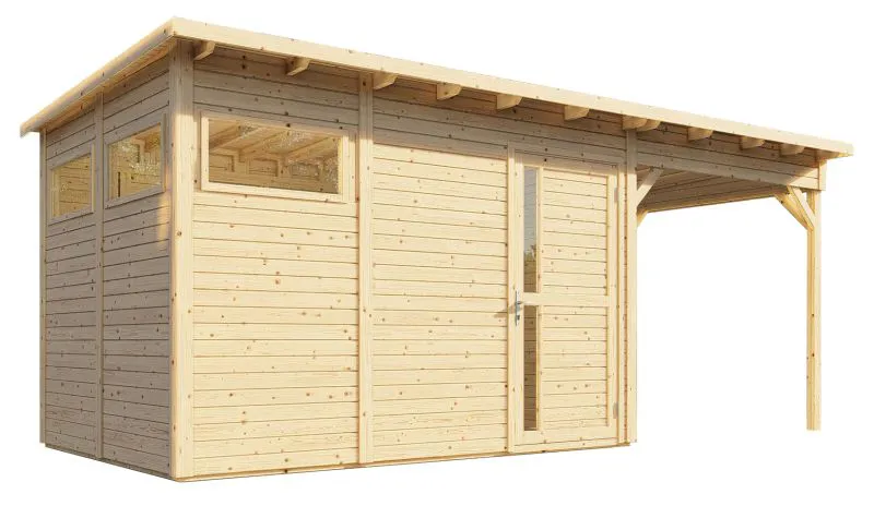Gartenhaus Kiel 03 mit Anbaudach inkl. Fußboden, Naturbelassen - 19 mm Elementgartenhaus, Nutzfläche: 7,70 m², Flachdach