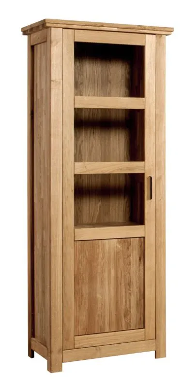 Robuste Vitrine Floresta 05, Türanschlag: Links, mit genügend Stauraum, Natur, Eiche massiv, 204 x 81 x 48 cm, zwei Glaseinlegeböden, geölt und gewachst