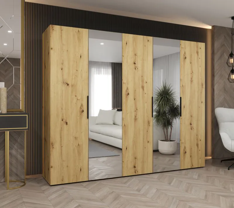 Drehtürenschrank mit zwei Spiegeltüren Korab 89, Farbe: Eiche Artisan, drei Fächer, 2,5 Meter breit, drei Kleiderstangen, Griffe: Schwarz, Soft-Close-Funktion