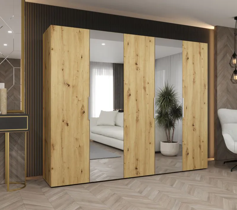 Kleiderschrank mit zwei Spiegeltüren Korab 90, Farbe: Eiche Artisan, drei Kleiderstangen, 2,5 Meter breit, Soft-Close-Funktion, drei Fächer, Griffe: Kaschmir