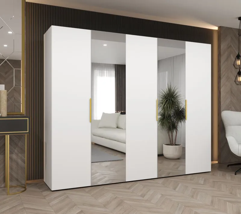 Kleiderschrank mit drei Fächer Korab 93, Farbe: Weiß, drei Kleiderstangen, 2,5 Meter breit, Griffe: Gold, Soft-Close-Funktion, zwei Spiegeltüren, Drehtürenschrank