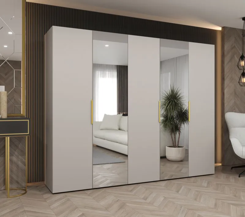 Drehtürenschrank mit drei Kleiderstangen Korab 99, Farbe: Kaschmir, drei Fächer, 2,5 Meter breit, Griffe: Gold, Soft-Close-Funktion, zwei Spiegeltüren
