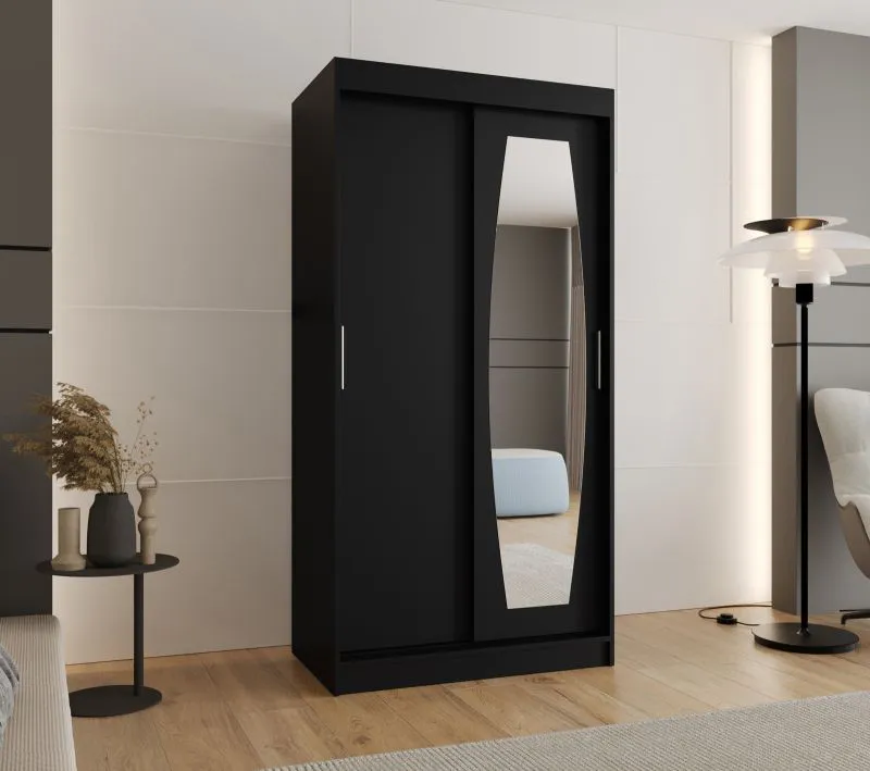 Schiebetürenschrank / Kleiderschrank Musala 03, Farbe: Schwarz, zwei Kleiderstangen, 1 Meter breit, Aluminiumschienen, eine Spiegeltür, fünf Fächer