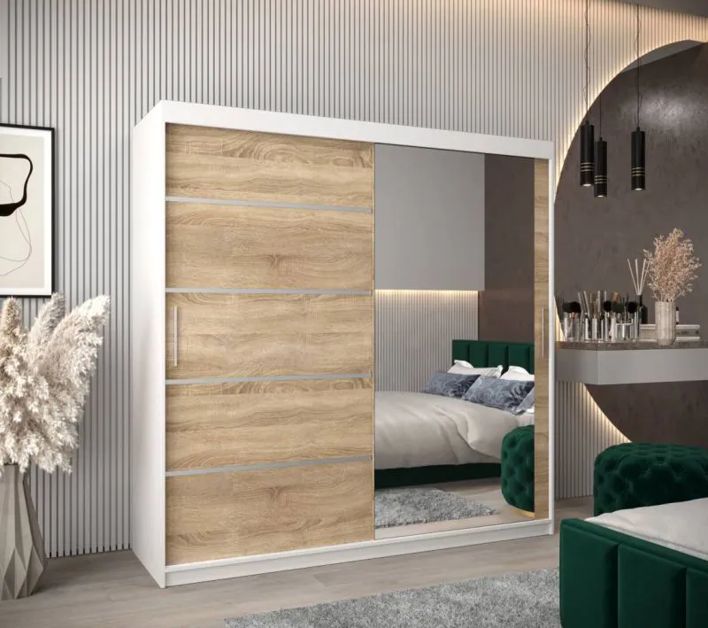 200 cm breiter Kleiderschrank mit 10 Fächern und 2 Türen | Farbe: Sonoma Eiche / Weiß Abbildung