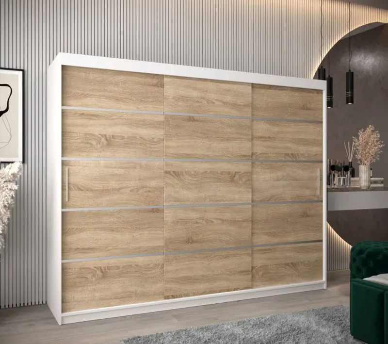 250 cm breiter Kleiderschrank mit 10 Fächern und 3 Türen | Farbe: Sonoma Eiche / Weiß Abbildung