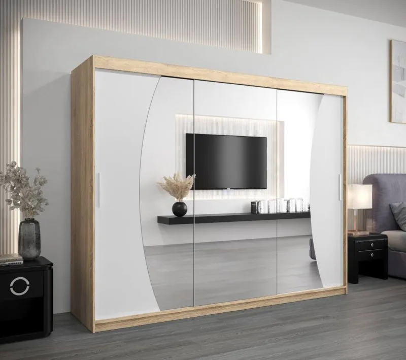 250 cm breiter Kleiderschrank mit 3 Türen | 10 Fächer | Farbe: Sonoma Eiche / Weiß Abbildung