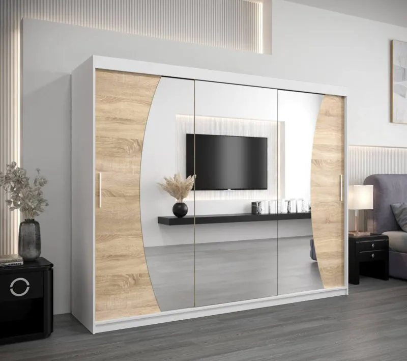 250 cm breiter Kleiderschrank mit 3 Türen | 10 Fächer | Farbe: Sonoma Eiche / Weiß Abbildung