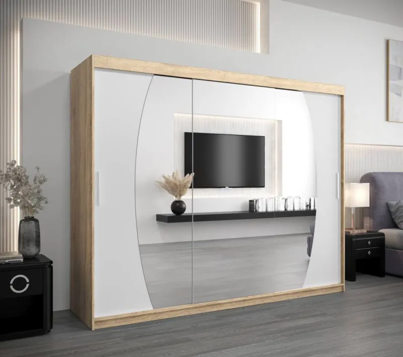 250 cm breiter Kleiderschrank mit 10 Fächern und 3 Türen | Farbe: Sonoma Eiche / Weiß Abbildung