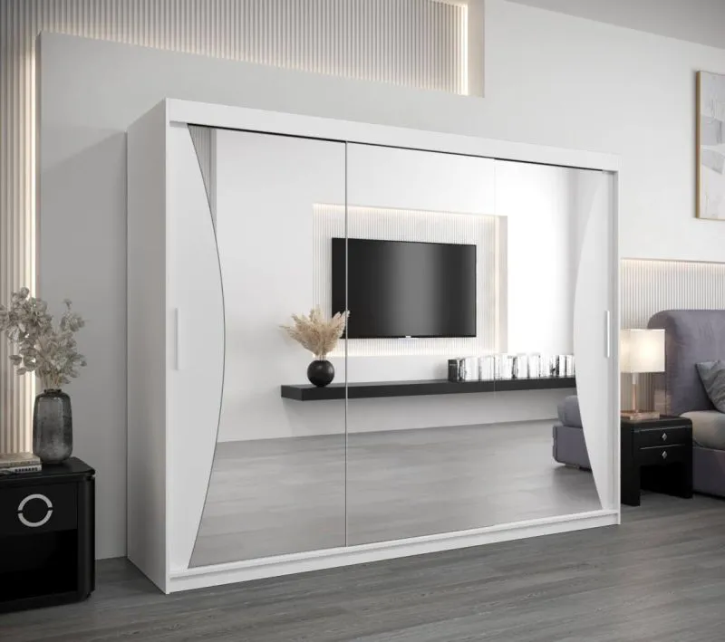 250 cm breiter Kleiderschrank mit 3 Türen | 10 Fächer | Farbe: Weiß Abbildung