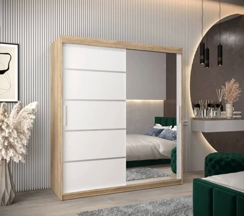 180 cm breiter Kleiderschrank mit 10 Fächern und 2 Türen | Farbe: Sonoma Eiche / Weiß Abbildung