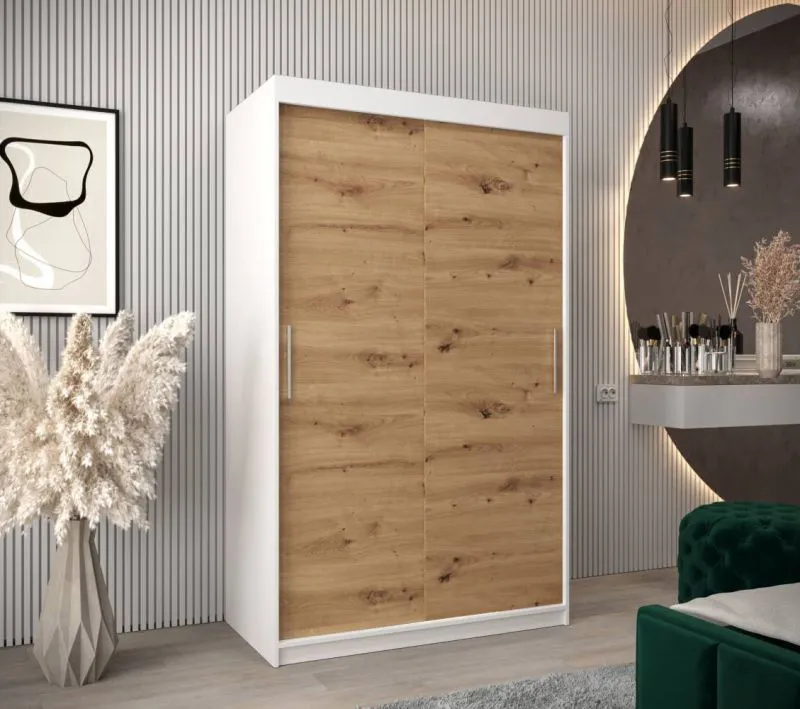120 cm breiter Kleiderschrank mit 5 Fächern und 2 Türen | Farbe: Sonoma Eiche / Weiß Abbildung