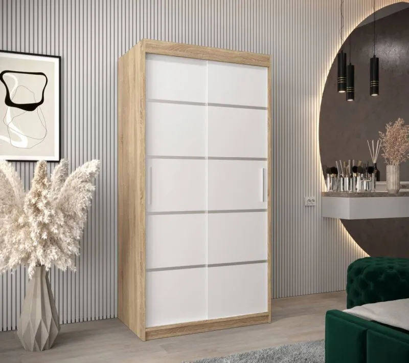 100 cm breiter Kleiderschrank mit 5 Fächern und 2 Türen | Farbe: Sonoma Eiche / Weiß Abbildung