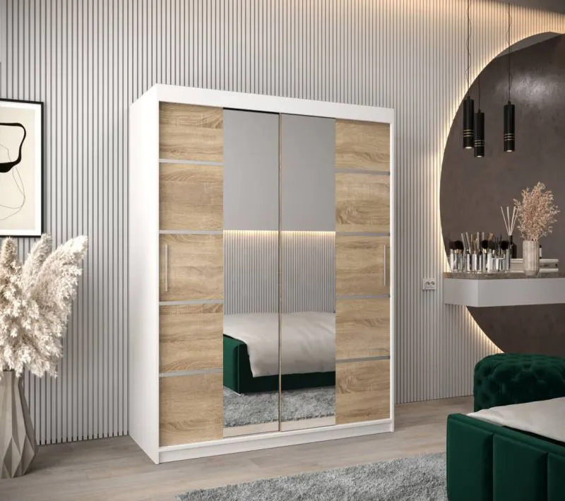 150 cm breiter Kleiderschrank mit 2 Türen | 5 Fächer | Farbe: Sonoma Eiche / Weiß Abbildung