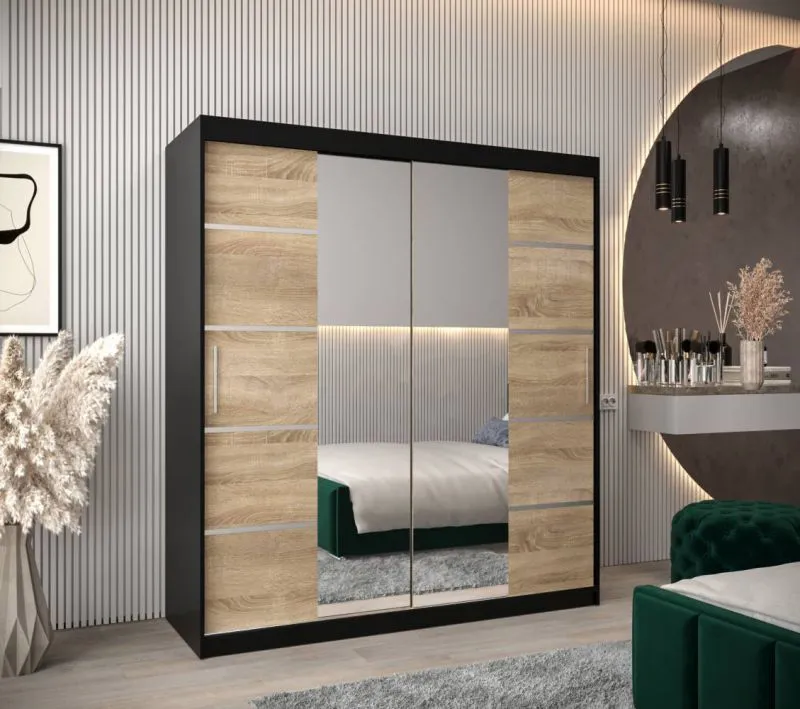 180 cm breiter Kleiderschrank mit 2 Türen | 10 Fächer | Farbe: Schwarz Abbildung