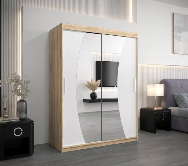 150 cm breiter Kleiderschrank mit 2 Türen | 5 Fächer | Farbe: Sonoma Eiche / Weiß Abbildung