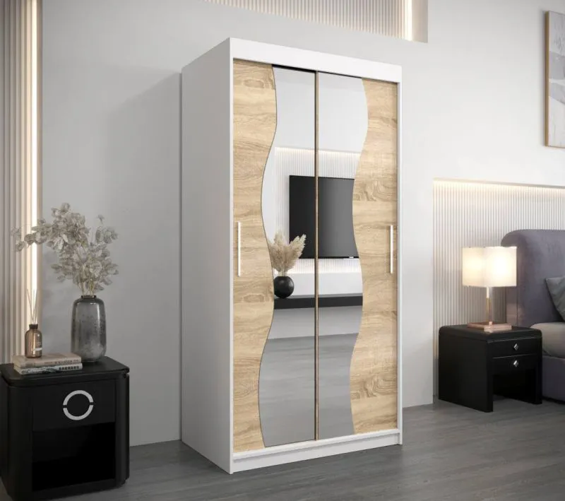 100 cm breiter Kleiderschrank mit 5 Fächern und 2 Türen | Farbe: Sonoma Eiche / Weiß Abbildung