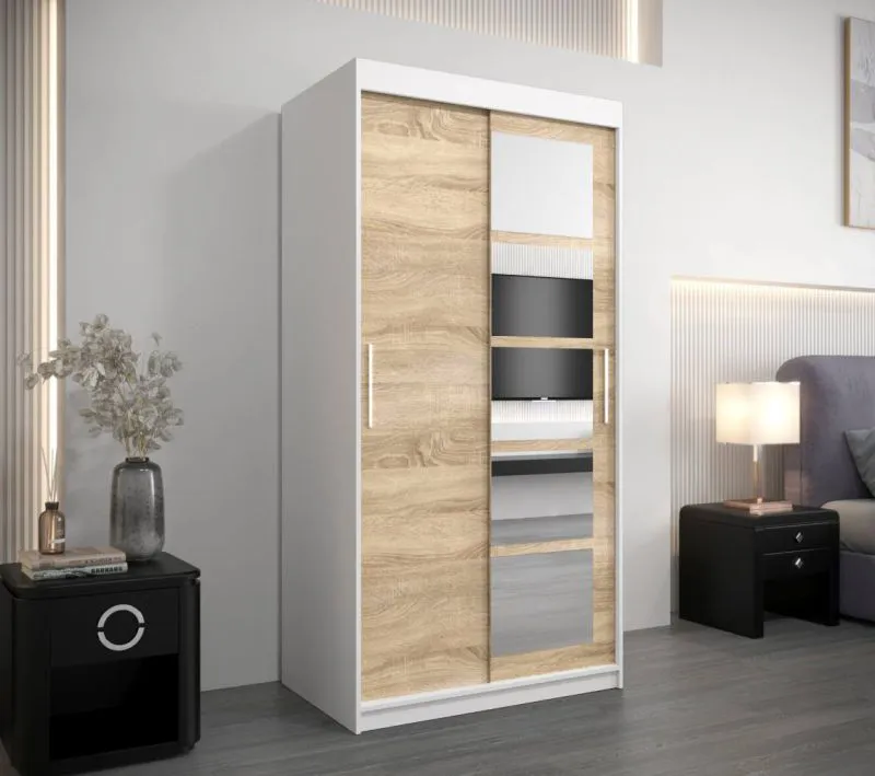 100 cm breiter Kleiderschrank mit 5 Fächern und 2 Türen | Farbe: Sonoma Eiche / Weiß Abbildung