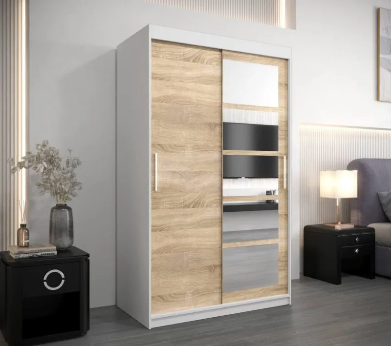 120 cm breiter Kleiderschrank mit 5 Fächern und 2 Türen | Farbe: Sonoma Eiche / Weiß Abbildung
