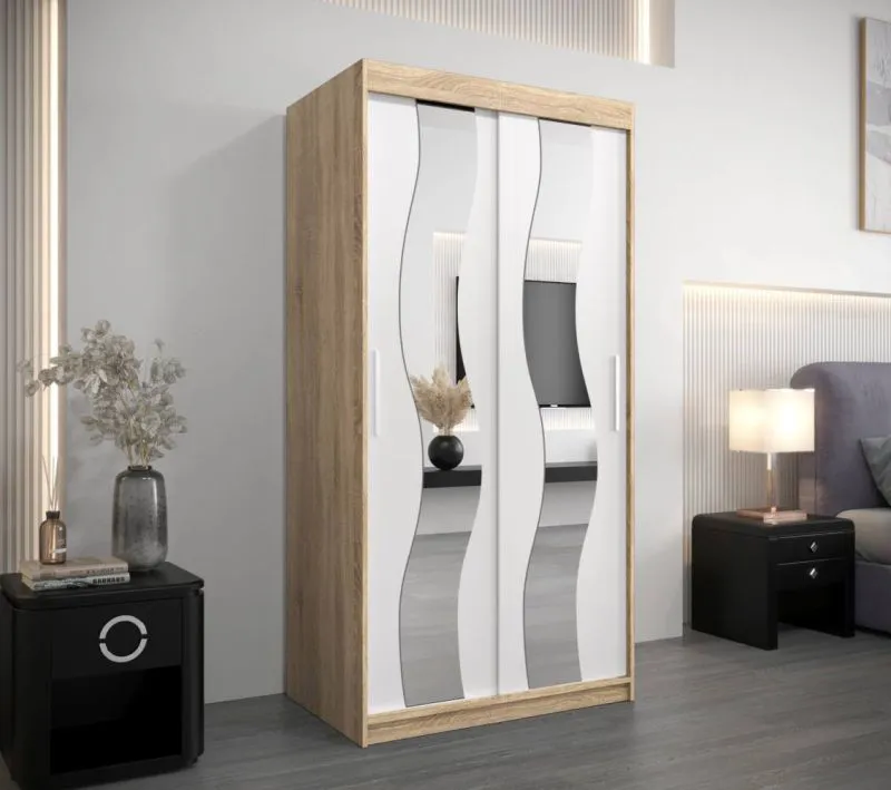 100 cm breiter Kleiderschrank mit 5 Fächern und 2 Türen | Farbe: Sonoma Eiche / Weiß Abbildung