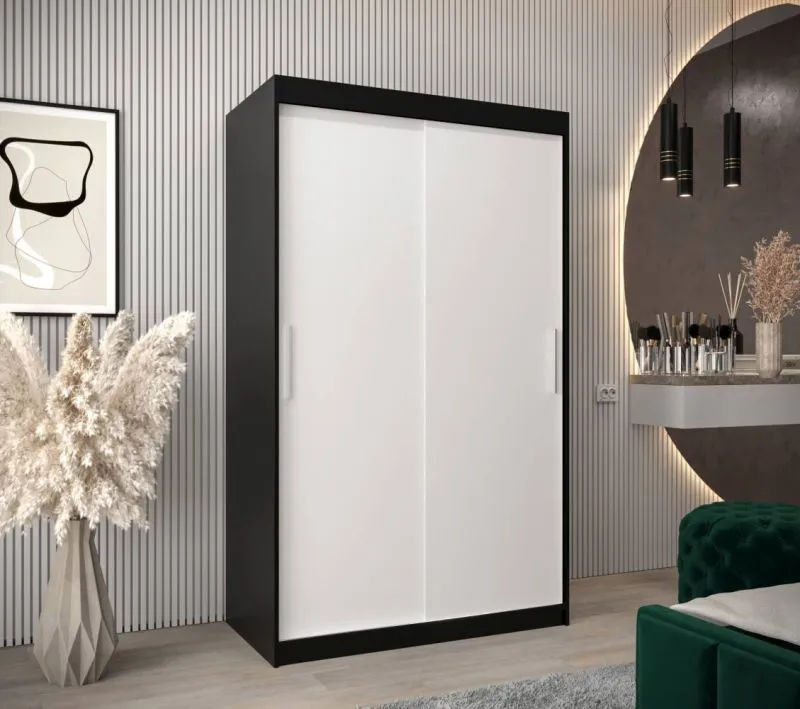 120 cm breiter Kleiderschrank mit 5 Fächern und 2 Türen | Farbe: Weiß / Schwarz Abbildung