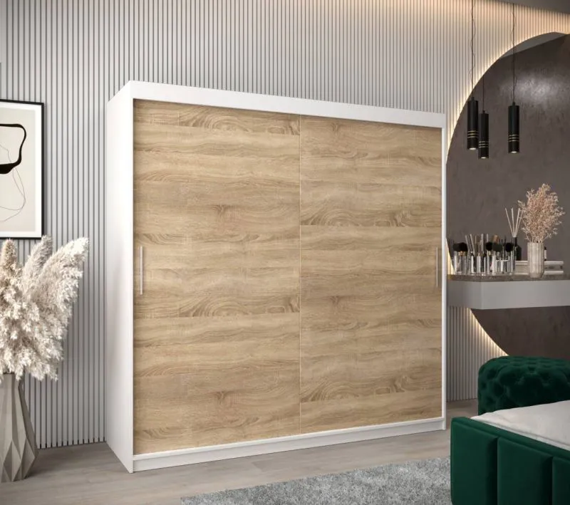 2 Meter breiter Kleiderschrank mit 2 Türen | Farbe: Sonoma Eiche / Weiß Abbildung