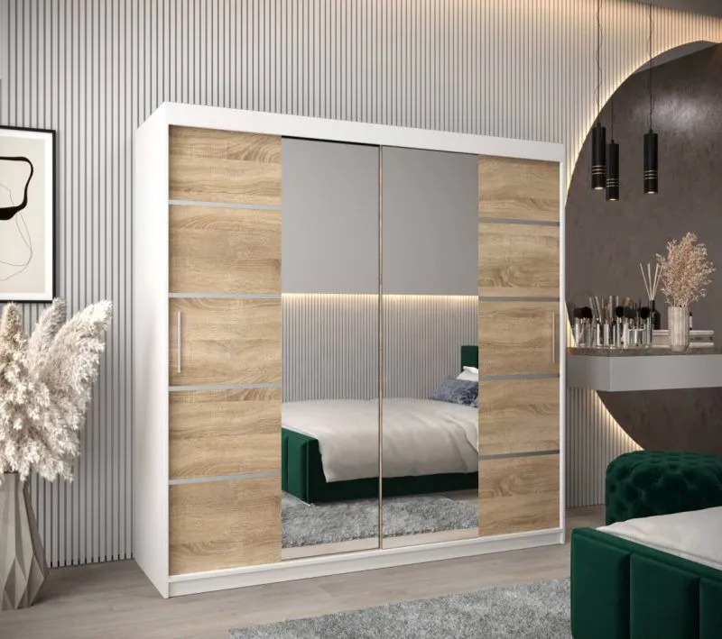 2 Meter breiter Kleiderschrank mit 2 Türen | Farbe: Sonoma Eiche / Weiß Abbildung
