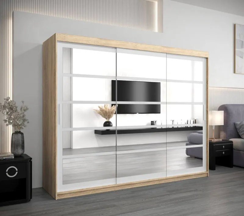 Großer 250 cm breiter Kleiderschrank mit 10 Fächern und 3 Türen | Farbe: Sonoma Eiche / Weiß Abbildung