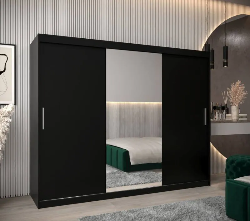 Großer 250 cm breiter Kleiderschrank mit 10 Fächern und 3 Türen | Farbe: Schwarz Abbildung