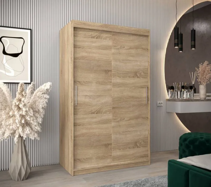 120 cm breiter Schiebetürenschrank mit 2 Türen | 5 Fächer | 2 Kleiderstangen | Farbe: Sonoma Eiche Abbildung