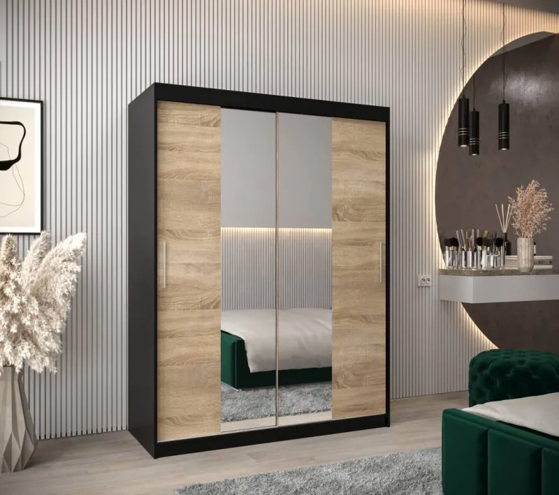 150 cm breiter Schiebetürenschrank mit 2 Türen | 5 Fächer | 2 Kleiderstangen | Farbe: Schwarz Abbildung