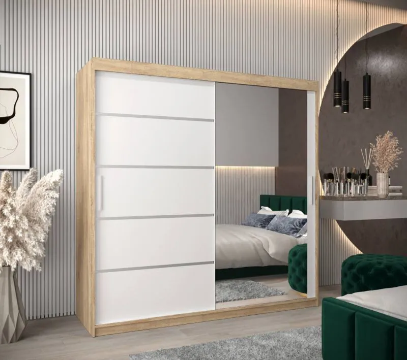 200 cm breiter Schiebetürenschrank mit 2 Türen | 10 Fächer | 2 Kleiderstangen | Farbe: Sonoma Eiche / Weiß Abbildung