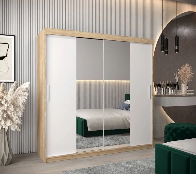 200 cm breiter Schiebetürenschrank mit 2 Türen | 10 Fächer | 2 Kleiderstangen | Farbe: Sonoma Eiche / Weiß Abbildung