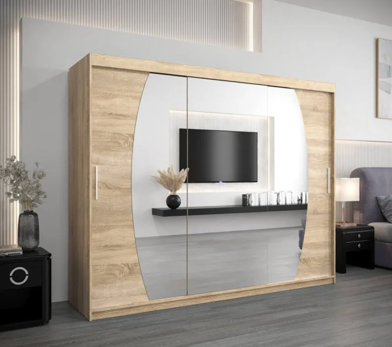 250 cm breiter Schiebetürenschrank mit 3 Türen | 10 Fächer | 2 Kleiderstangen | Farbe: Sonoma Eiche Abbildung