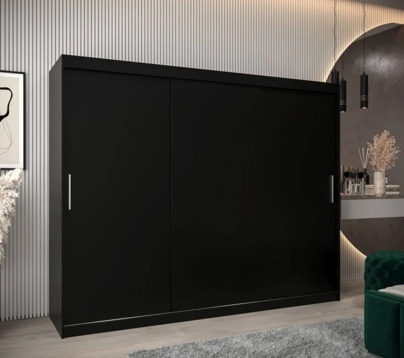 250 cm breiter Schiebetürenschrank mit 3 Türen | 10 Fächer | 2 Kleiderstangen | Farbe: Schwarz Abbildung