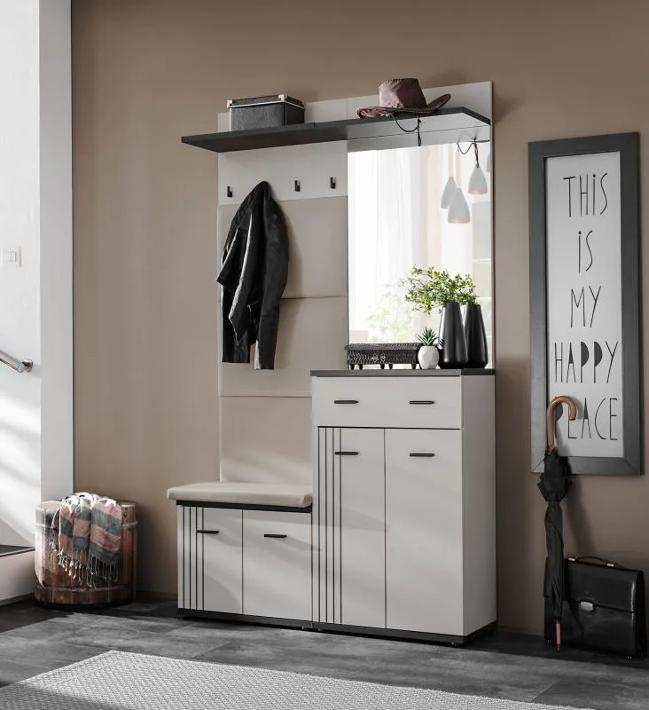 Garderobe | Spiegel | Farbe: Kaschmir / Schwarz | gepolstertes Paneel | Maße: 120 x 32 x 203 cm | 4 Haken | 1 Ablagefläche | Sitzgelegenheit