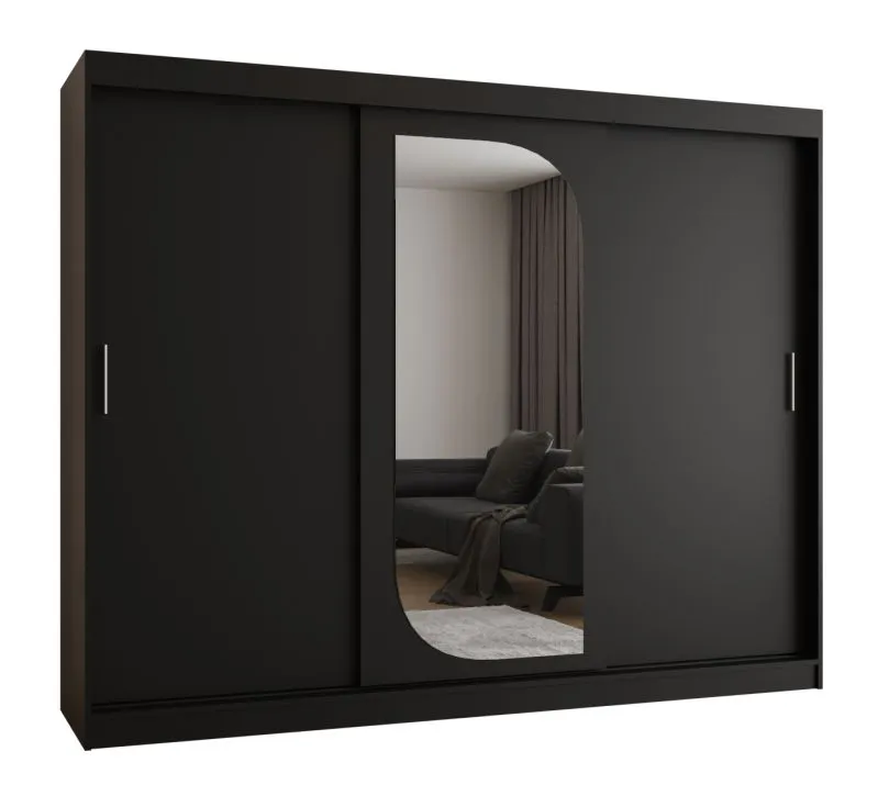 Schiebetürenschrank / Kleiderschrank Signalkuppe 23, Farbe: Schwarz, 2,5 Meter breit, zwei Kleiderstangen, 10 Fächer, eine Spiegeltür