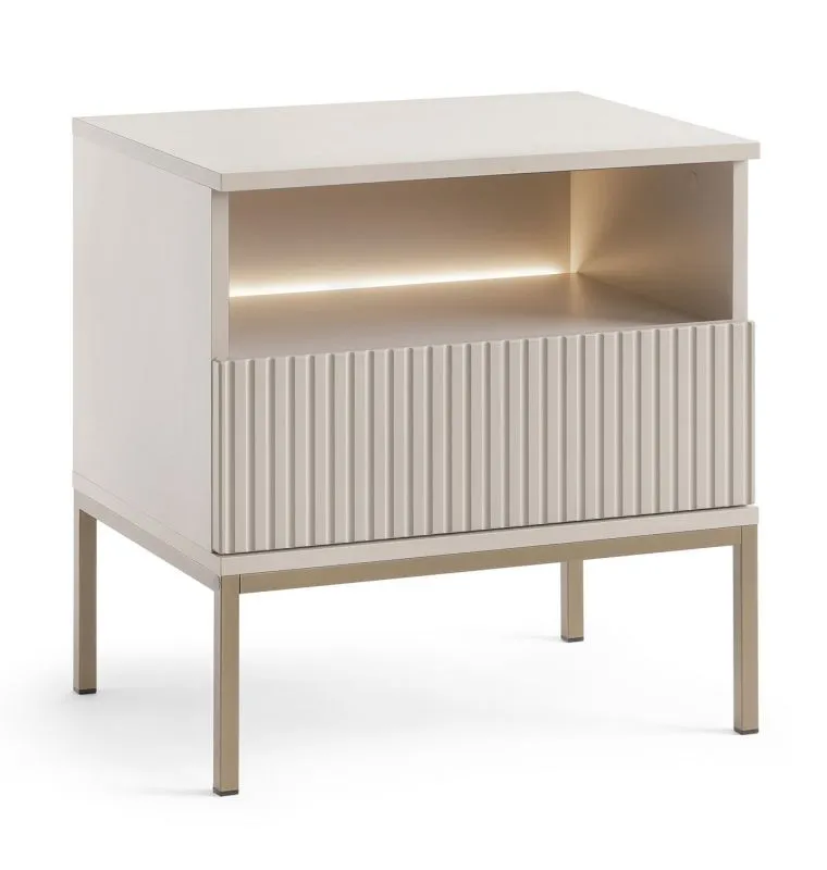 Moderne Nachtkommode in Kaschmir, 56 x 54 x 39 cm, mit LED-Beleuchtung, 1 Schublade und 1 Fach, ABS-Kanten