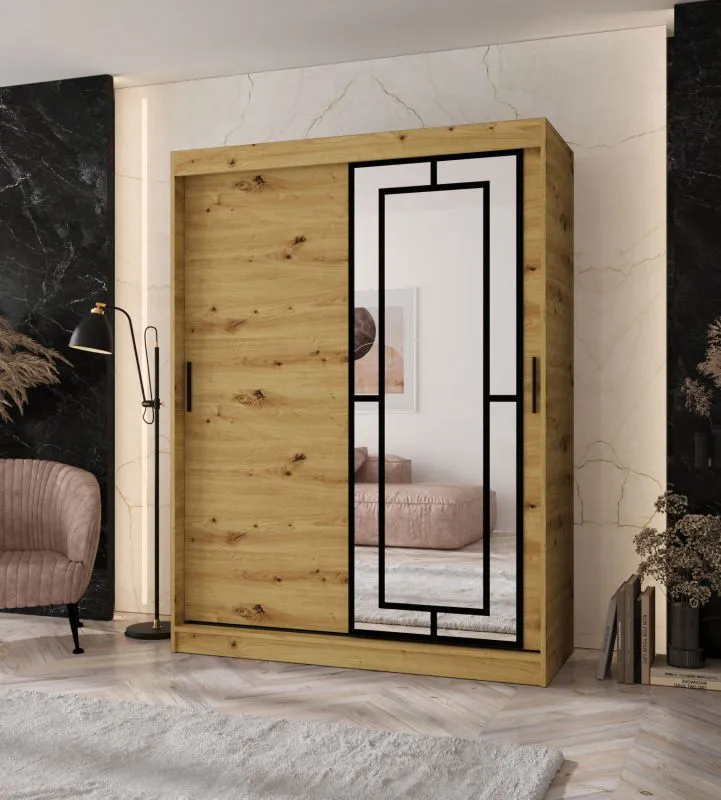 Kleiderschrank | Farbe: Eiche Artisan | 5 Fächer | 2 Kleiderstangen | hochwertig Verarbeitet | 150 x 62 x 200 cm | Schiebetürenschrank | dekorative Spiegeltür