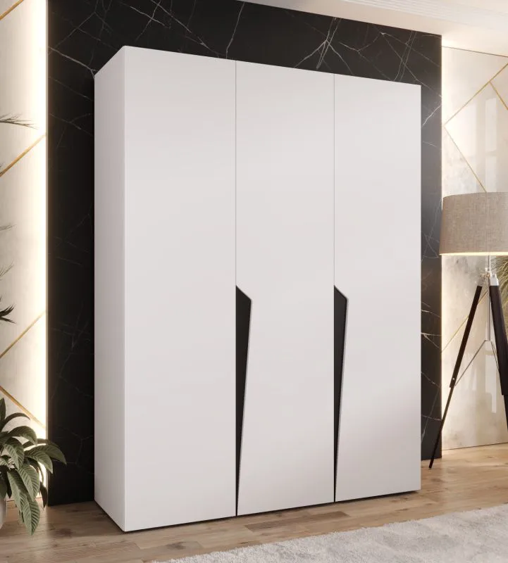 Drehtürenschrank / Kleiderschrank | Farbe: Weiß | 3-Türig | Griffe: Schwarz | 2 Fächer | 2 Kleiderstangen | Maße: 150 x 52 x 202 cm | Soft-Close-Funktion