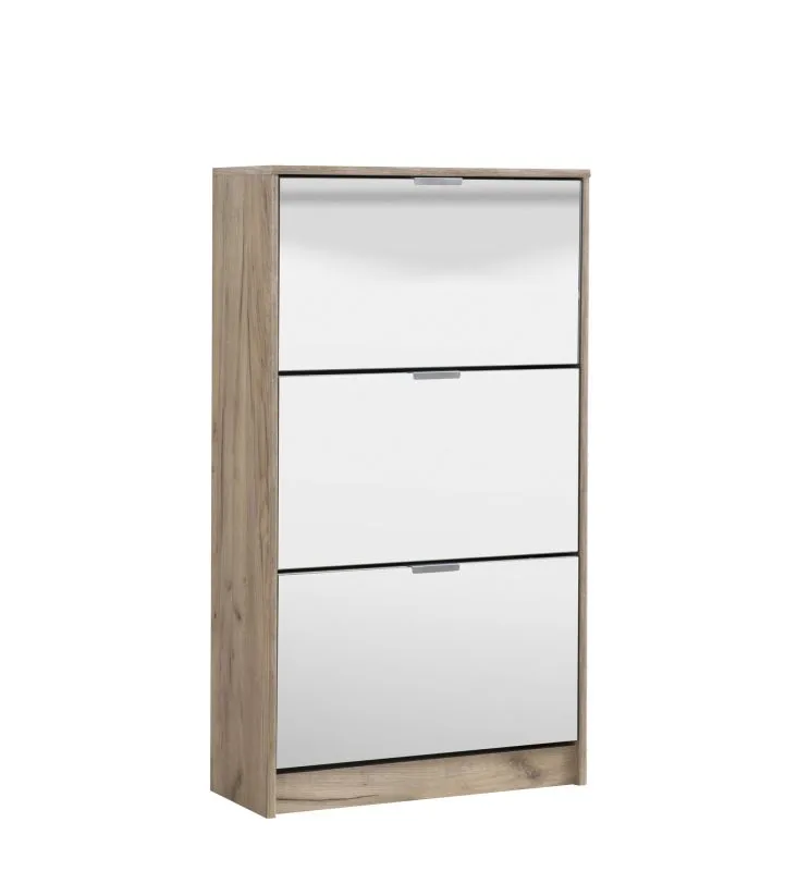 Schuhschrank mit Spiegeltüren Gradide 08, Farbe: Eiche Grau, ABS-Kanten, Griffe: Grau, drei Kipptüren, Maße: 119 x 67 x 28 cm, sechs Fächer, modernes Design